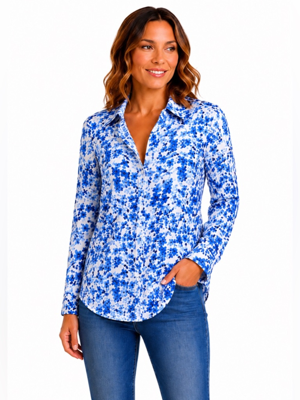 Alexander Jordan Blue Floral Button-Down Blouse  Small 100% Rayon Hidden Placket